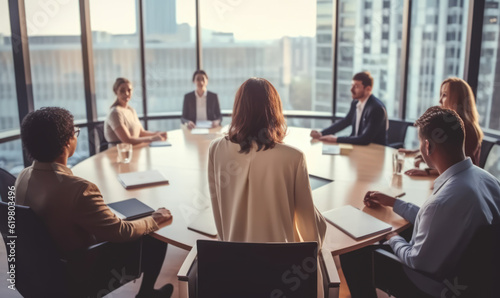 Female CEO in a boardroom meeting with her team of regional managers, woman leadership in workplace generative AI