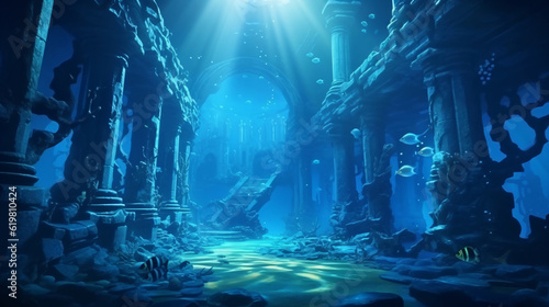 atlantis underwater scene, magic blue ocean with ancient temple ruins, deep blue sea with mysterious lights, generative ai 