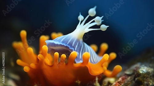 Tranquil Sea Depth Reveals a Light Blue Nudibranch Mollusk Adorned with Yellow Rhinophores and Tentacles, Perched on a Vibrant Reef. Generative AI