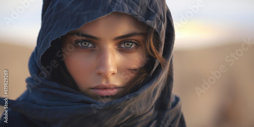 portrait of beautiful middle eastern arabic woman wearing a headscarf in the desert, captivating eyes stare generative AI