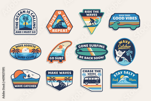 Set of vector surfing theme badge. Perfect t-shirt prints, posters, and other uses.