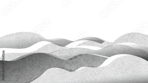 Abstract mountain background vector. Mountain landscape with line art pattern, dotted, pen, pencil lines, halftone. Grunge noise hills art wallpaper design for print, wall art, cover and interior.