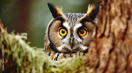 Hidden portrait of Long-eared Owl with big orange eyes behind larch tree trunk. Hide and seek with cute little owl. Generative AI