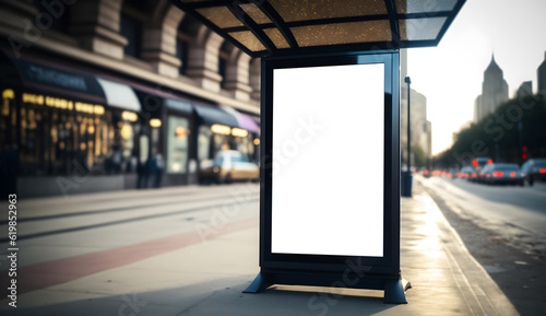 Mockup of Blank digital signboard on roadside, Empty signboard in city, Marketing advertisement placement for you poster, Blank Billboard poster on bus stop, generative ai