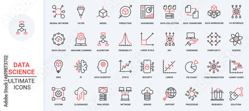 Data report and science model research, deep analysis with AI trendy red black thin line icons set vector illustration. Machine learning, probability calculation, algorithms and system prediction.