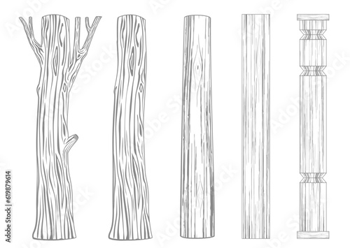 Set of wooden pillars columns tree trunk