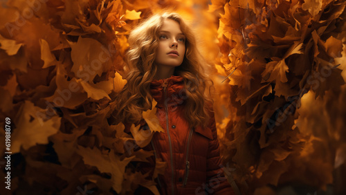 Hübsche Model Frau ist von fliegenden Herbstblätter umgeben in der Abendsonne, ai generativ