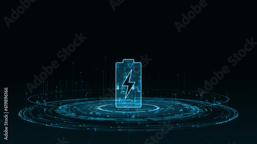 Blue digital battery logo with particle ring circle rotation with ai technology icon on futuristic abstract background power reserve concepts