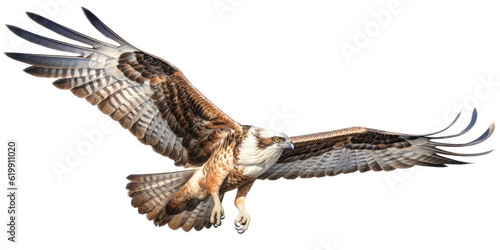 an Osprey, Pandion haliaetus. in flight in various positions, raptor, Nature-themed, photorealistic illustrations in a PNG, cutout, and isolated. Generative AI