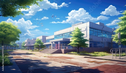 anime school building in front of a sidewalk