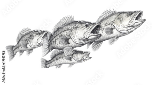 a group of Large-mouth bass, Micropterus salmoides in various positions in Aquatic-themed, photorealistic illustrations in a PNG, cutout, and isolated. Generative ai