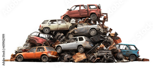 Pile of scrap waste of cars for recycling. Isolated transparent background