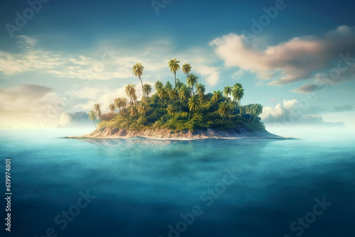 Lone small tropical island with palm trees surrounded sea blue water