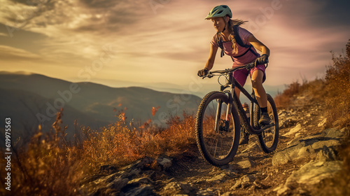 Woman riding bike on mountain trail, female cyclist on sports bicycle, generative AI