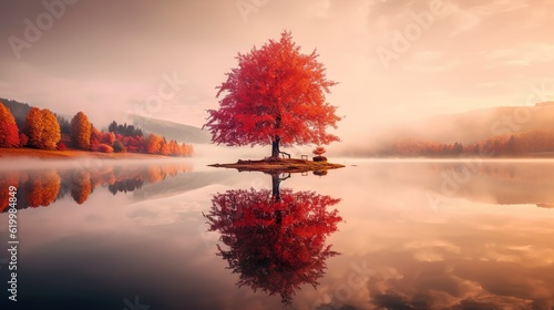 A beautiful Japanese red maple tree on a sunny autumn day on a lake isolated wallpaper