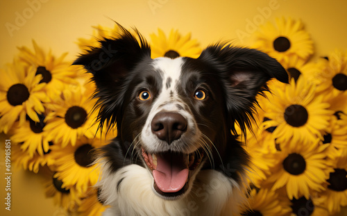 Illustration of a black and white dog with sunflowers in the background created with Generative AI technology