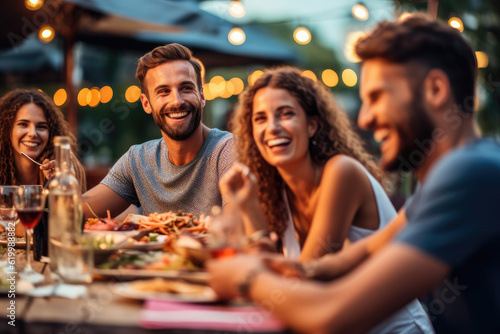 Group of friends laughing and enjoying dinner at outdoor restaurant during summer, generative ai