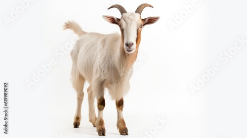 Portrait of white goat standing up isolated on a white background, with text space can use for advertising, ads, branding