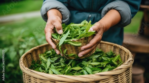 picking tip of green tea leaf with a bamboo basket by human hand on tea plantation hill during early morning. closeup of woman's hands keep tea leaf