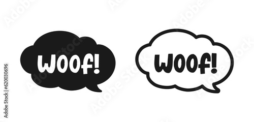 Woof text in a speech bubble balloon cloud outline and silhouette set. Cartoon comics dog bark sound effect lettering. Simple flat vector illustration.