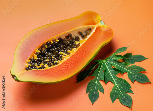 Ripe papaya with leaves on orange background