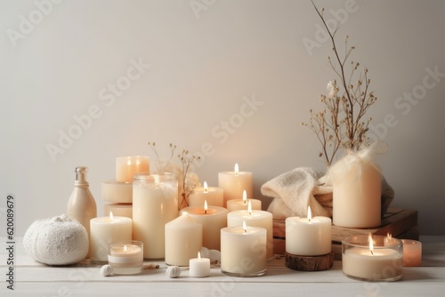 Cream burning candles. Generate Ai