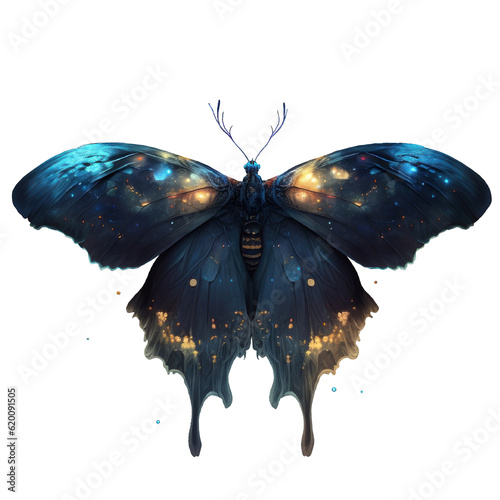 Luminous night butterfly, Queen of the night, celestial dark moth digital illustration isolated with a transparent background, magnificent wings design created with Generative AI.