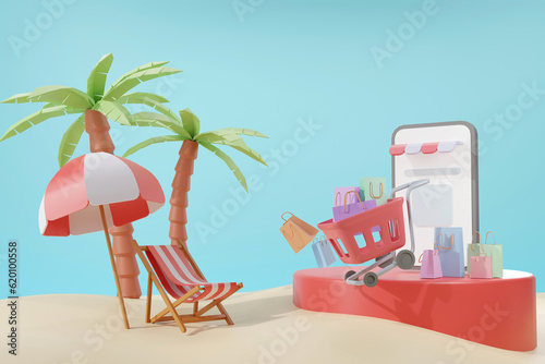 3D vacation online shopping concept , minimal beach scene with beach chair coconut tree and umbrella ,3D rendering beach scene with smartphone and shopping bag on podium ,Holiday online shopping