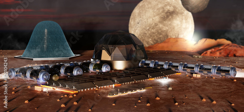 Space base human settlement on a new planet Space exploration and interstellar colonization missions extraterrestrial solar power station Astronaut on planet surface 3d illustration