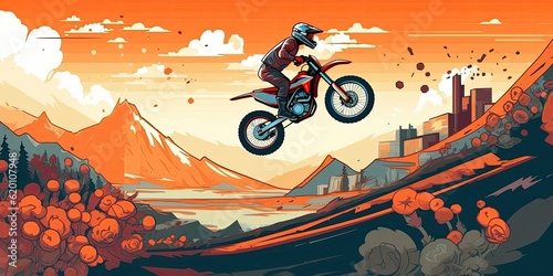 motorcycle racer makes the jump. supercross ENDURO motocross high speed. sports concept. digital art. comic book style AI