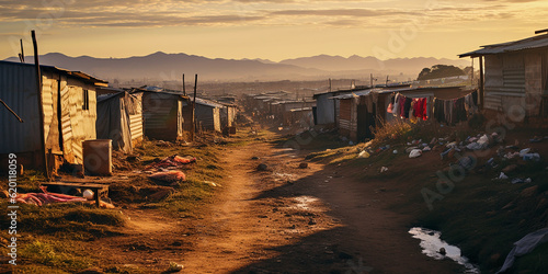 South African informal settlement poverty. Generative AI illustration
