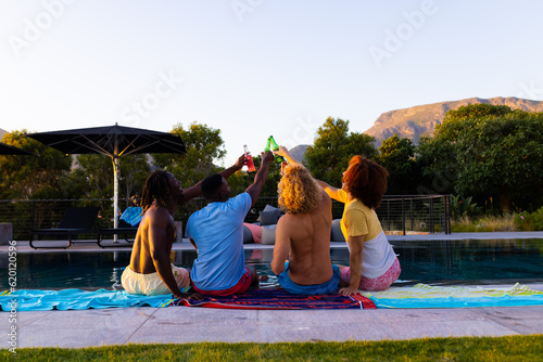Happy diverse group of friends having pool party drinking beer and making a toast in garden