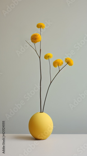 billy button flowers in vase ikebana arrangement isolated on gray studio background, made with generative ai
