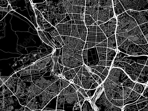 Vector road map of the city of Madrid in Spain on a black background.