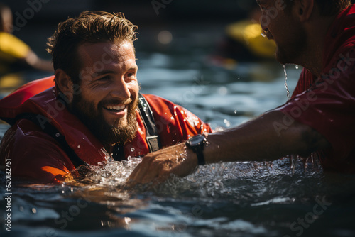 Lifeguards saving a swimmer in distress, Rescue Service 911 Generative AI