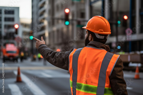 A construction worker in a high-visibility vest, directing traffic with hand signals near a construction zone, Labor Day