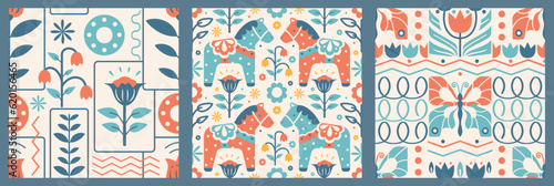 Scandinavian folk seamless patterns. Nordic floral prints.Abstract tile print, patchwork or fabric.Swedish, Danish, Finland's ornamental stylized graphic.Hygge and lagom, natural colors Illustration.