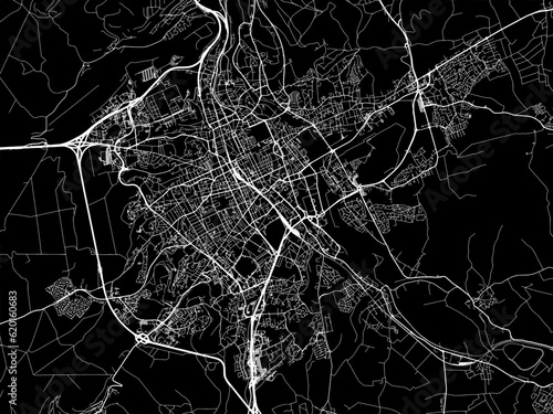 Vector road map of the city of Nancy in France on a black background.