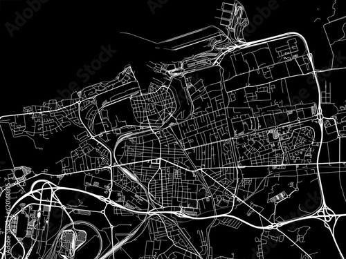 Vector road map of the city of Calais in France on a black background.