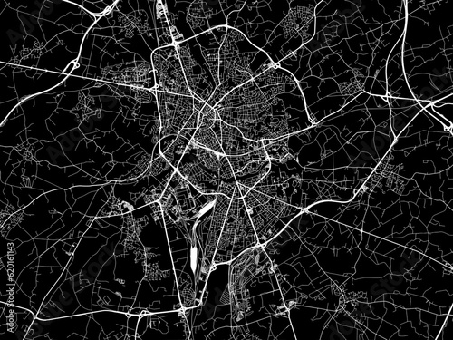 Vector road map of the city of Le Mans in France on a black background.