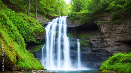 Waterfall in green summer forest.Landscape scenery.Digital creative designer.AI illustration