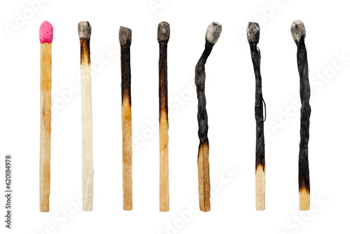 Set of burnt wooden matches. Matches isolated on white background.