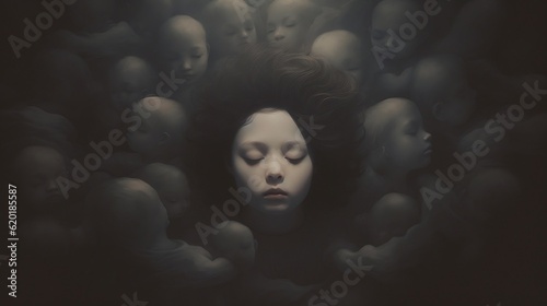A teenager with eyes closed, surrounded by dead babies with hallucinatory ghosts. Illustration metaphor surrealism symbol of sad fate of children. Against war, violence and murder, created by AI