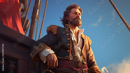 cartoon illustration of brave male pirate captain with blue sky background, generative Ai