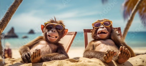 Funny animal monkey summer holiday vacation photography banner background - Closeup of monkeys with sunglasses , chilling relaxing at the tropical ocean beach, in a lounge chair (Generative Ai)