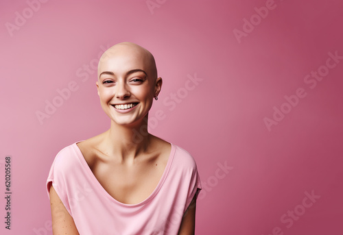 Studio portrait of a happy cancer patient against a pink background