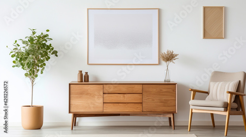 Wooden chest of drawers against white wall with art poster frame. Midcentury style interior design of modern living room.