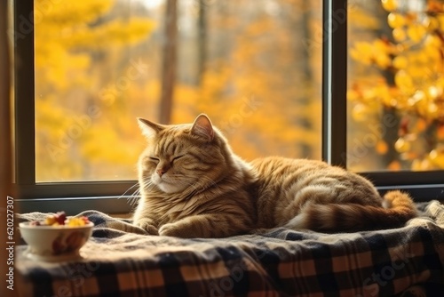 Lazy cat sleeps on cozy warm windowsill in autumn weather, hygge concept