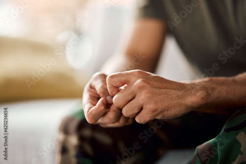 Closeup of person hands, anxiety and mental health problem, therapy and psychology with trauma. Fear, crisis and stress with depression, mistake and disaster with panic, abuse or addiction with pain