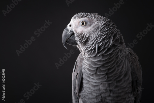 Portrait of an African Grey parrot on a black background with space for copy